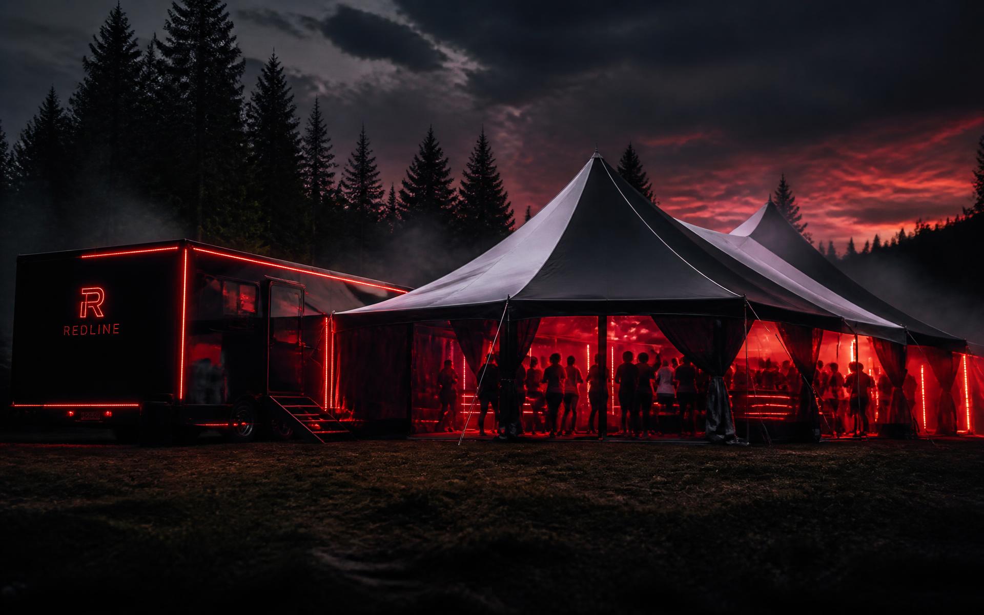 Schwarzer Partyanhänger mit Zelt und roter Beleuchtung auf einer Waldlichtung bei Nacht